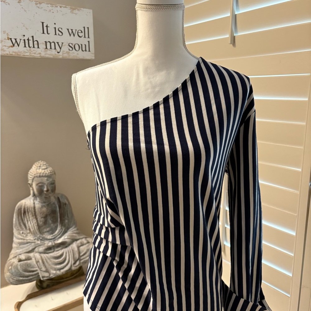 Navy and White Striped One-Shoulder Top